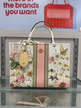 T.J.Maxx Floral Tote with Pink and Olive Center Stripe